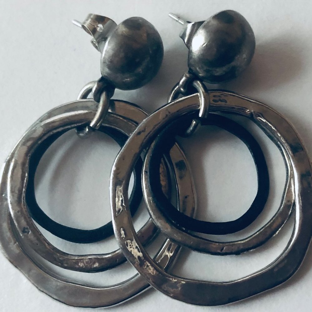 Hammered Metal  and Black Circle Earrings
